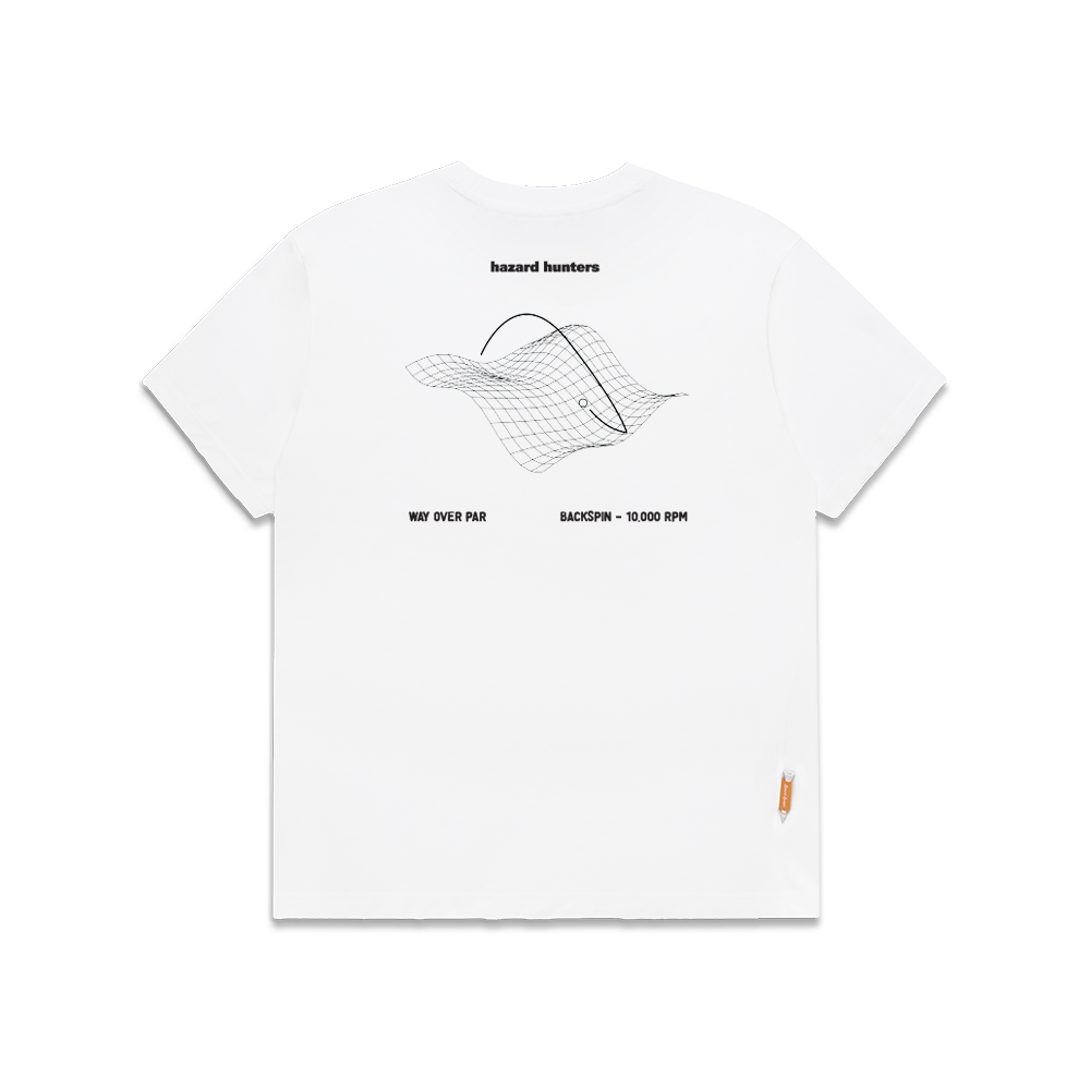 White crew neck t-shirt with screen printed geometric design in the center and small brand logo on the lower right.