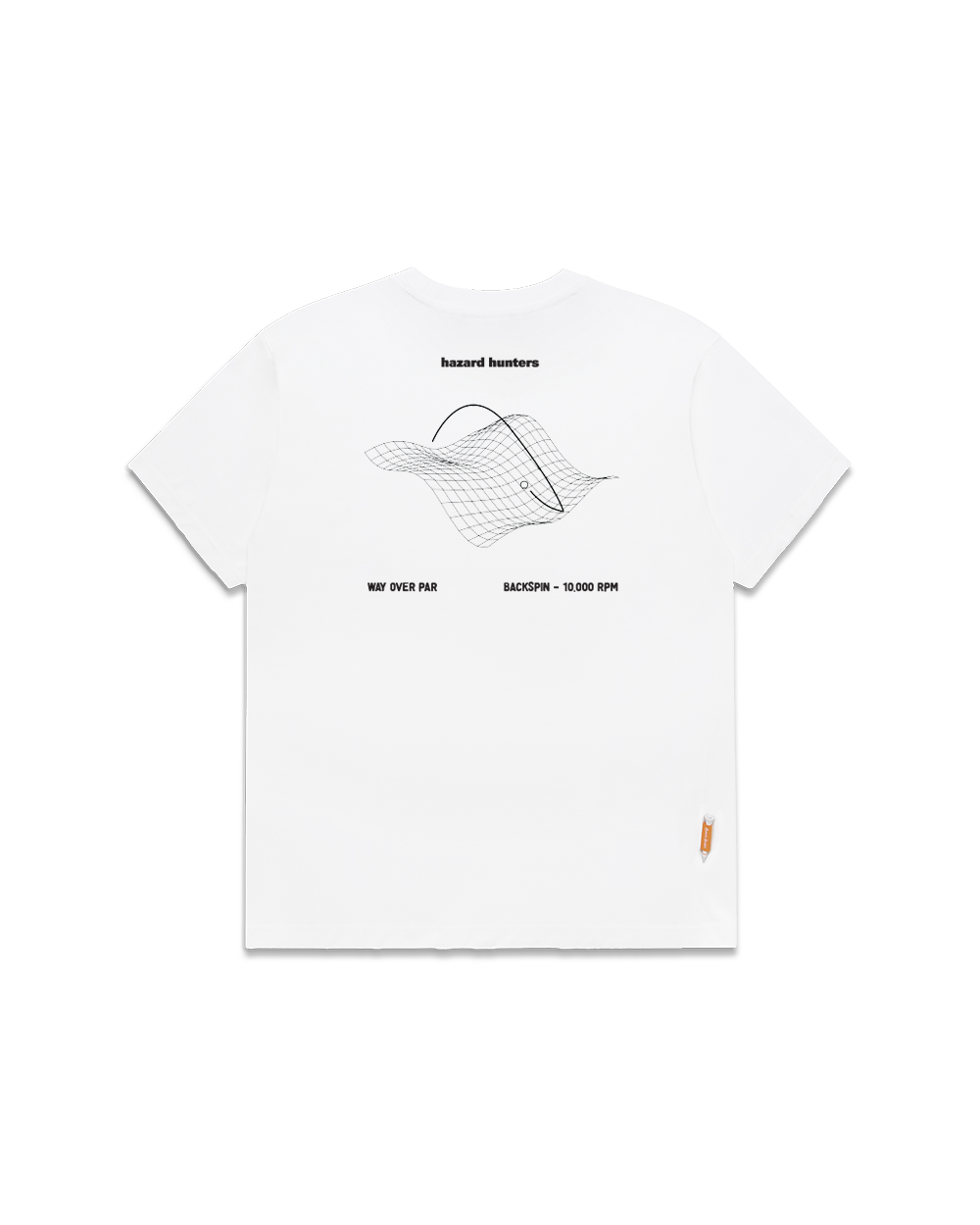 White crew neck t-shirt with screen printed geometric design in the center and small brand logo on the lower right.