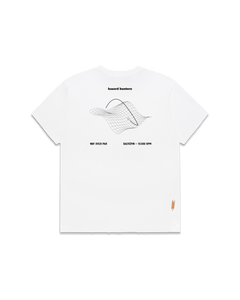 White crew neck t-shirt with screen printed geometric design in the center and small brand logo on the lower right.