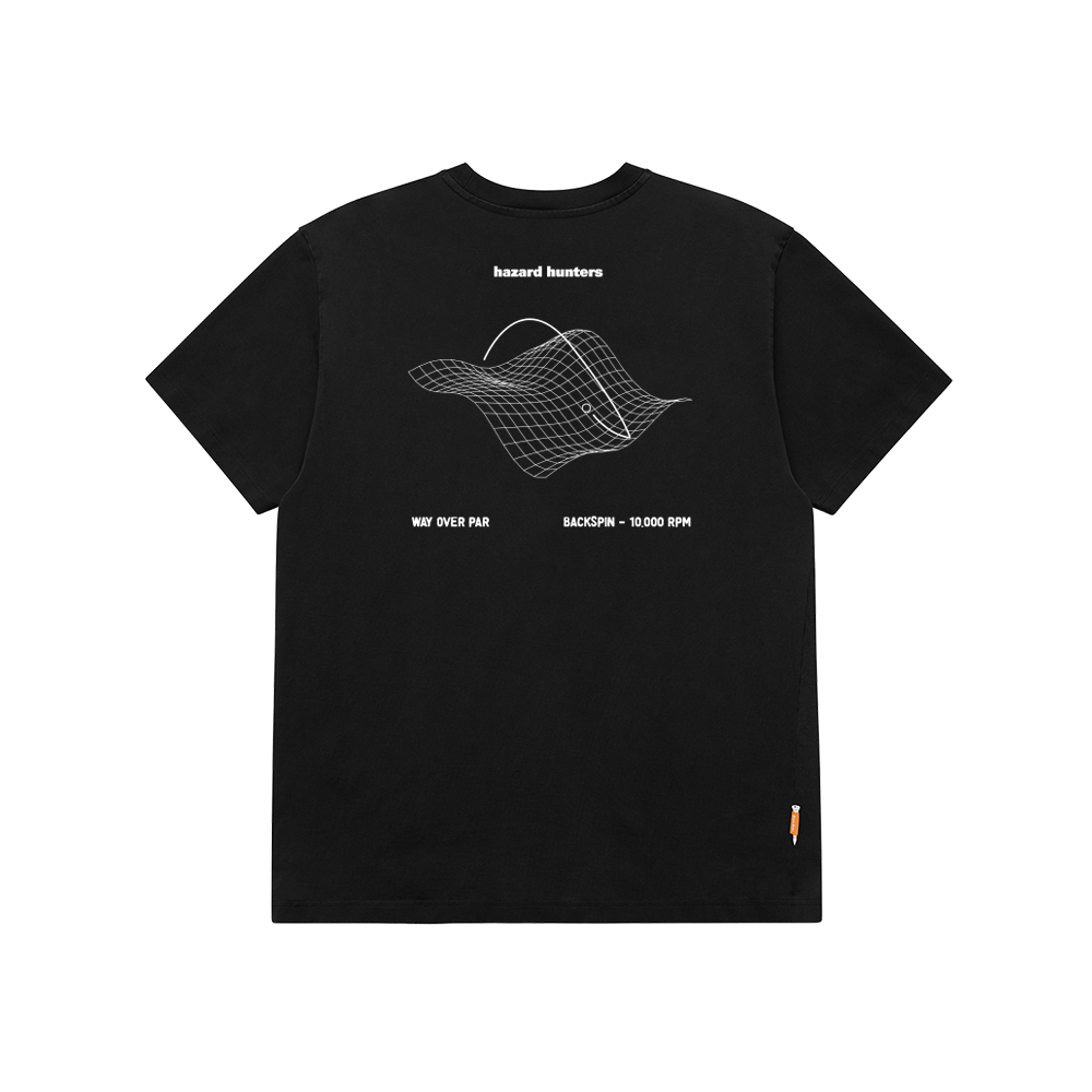 White crew neck t-shirt with screen printed geometric design in the center and small brand logo on the lower right.