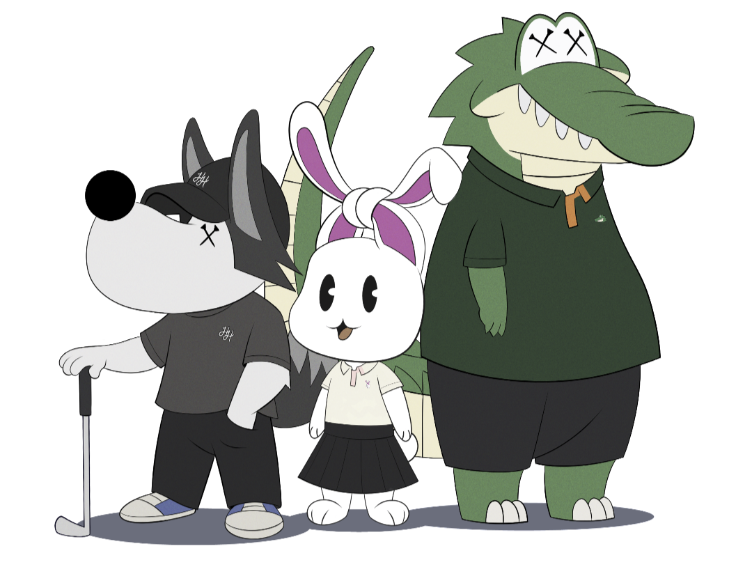 Three animated characters standing next to each other, from left to right, Wolf, Bunny, Alligator