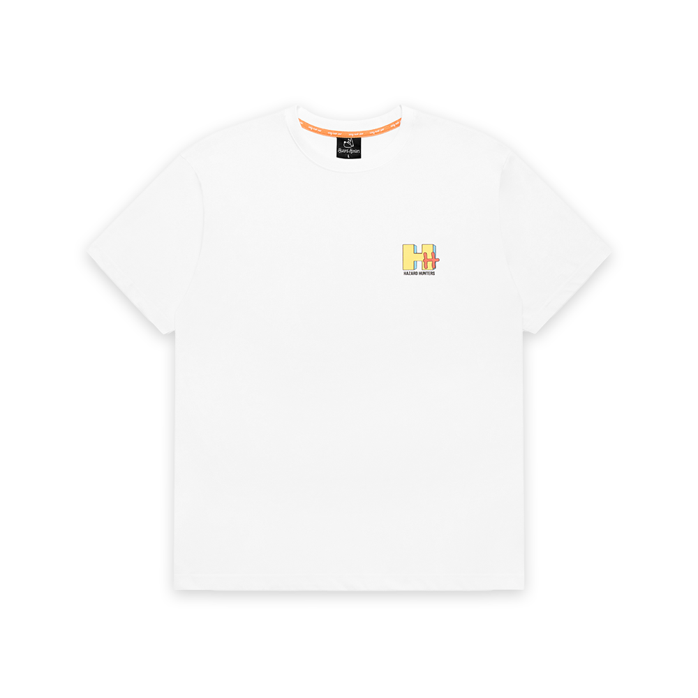 White tee with HH Hazard Hunters logo in mTV style