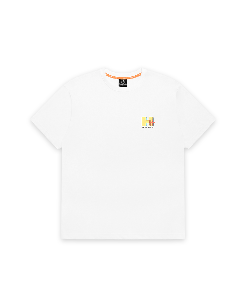 White tee with HH Hazard Hunters logo in mTV style