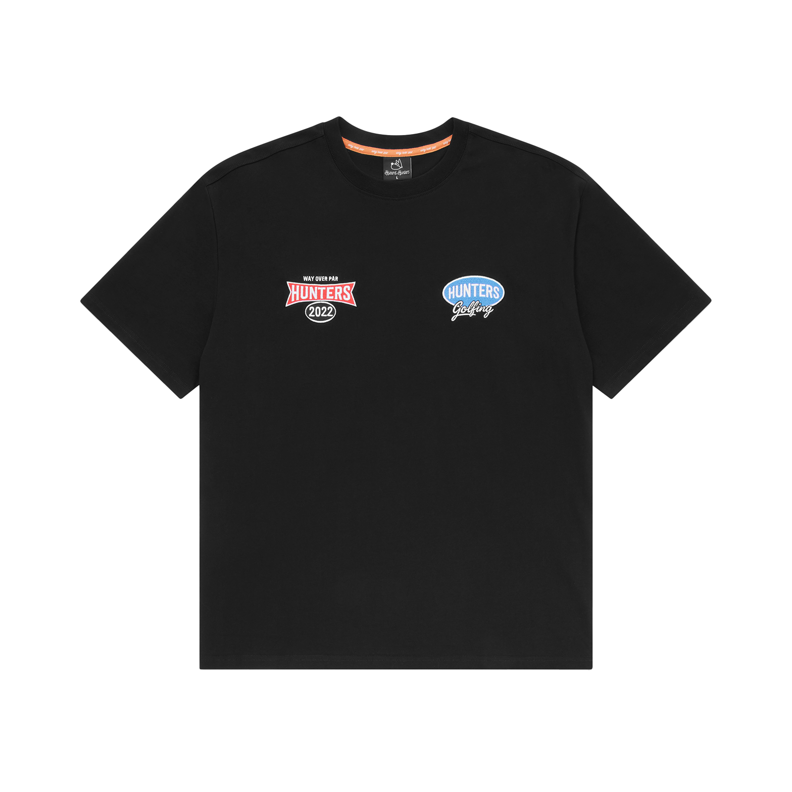 Black t-shirt with two logos on a white background