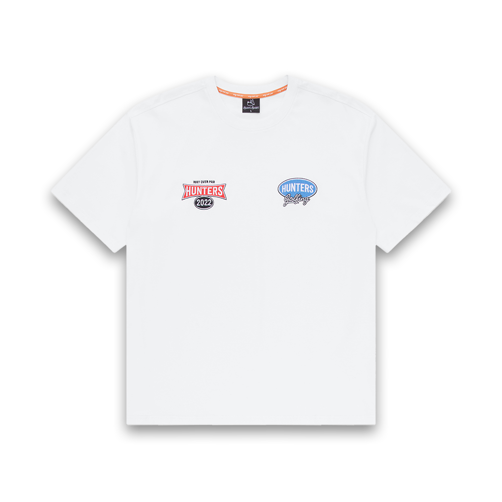 White t-shirt with logos on a white background