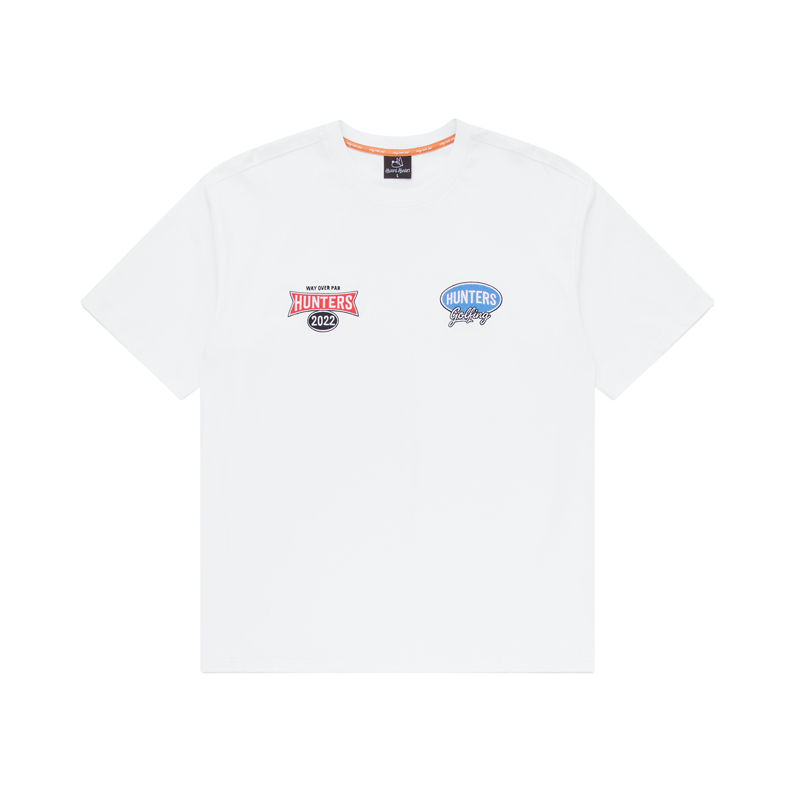 White t-shirt with embroidered logos on a white background
