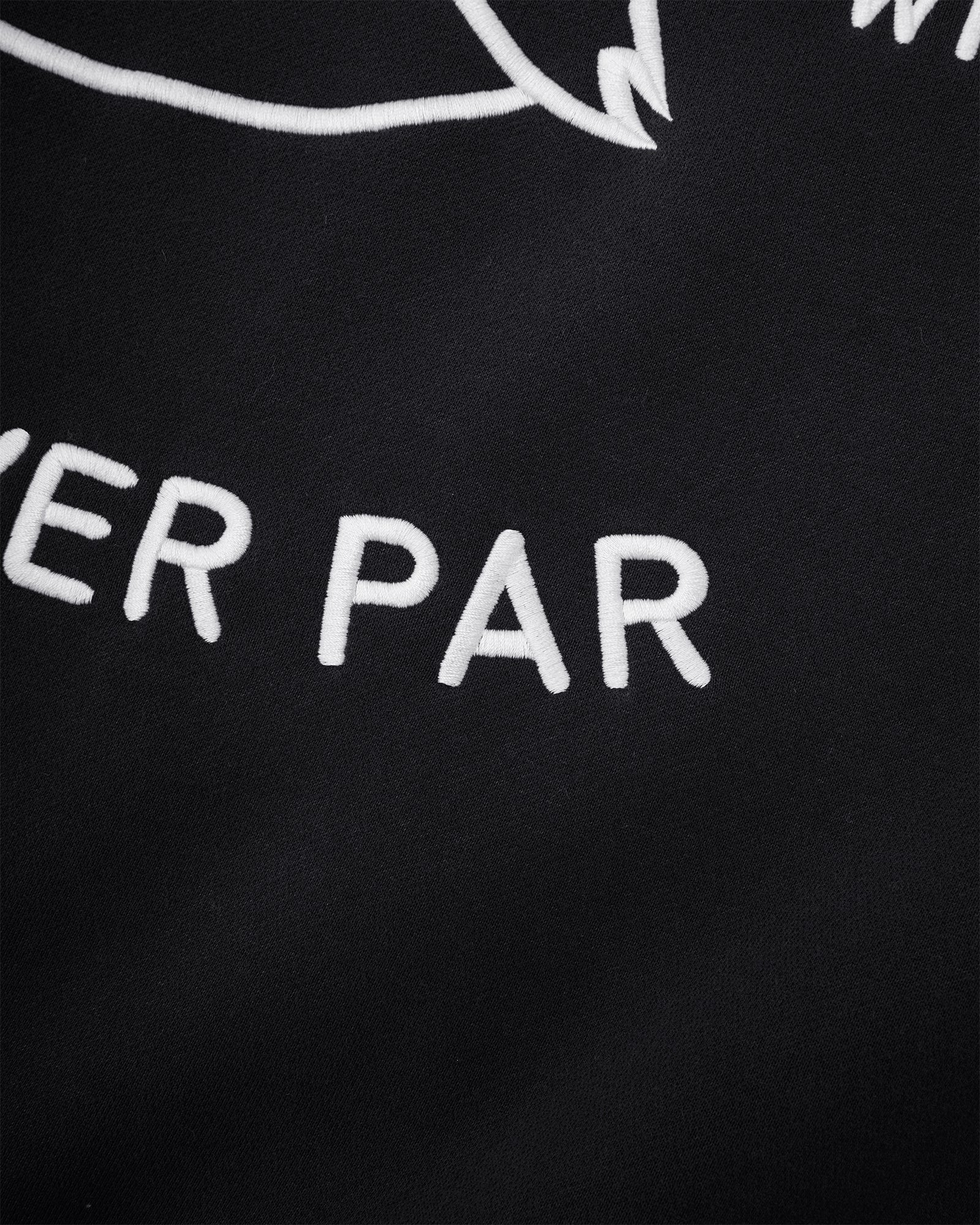 Close up of white embroidery on black fabric.