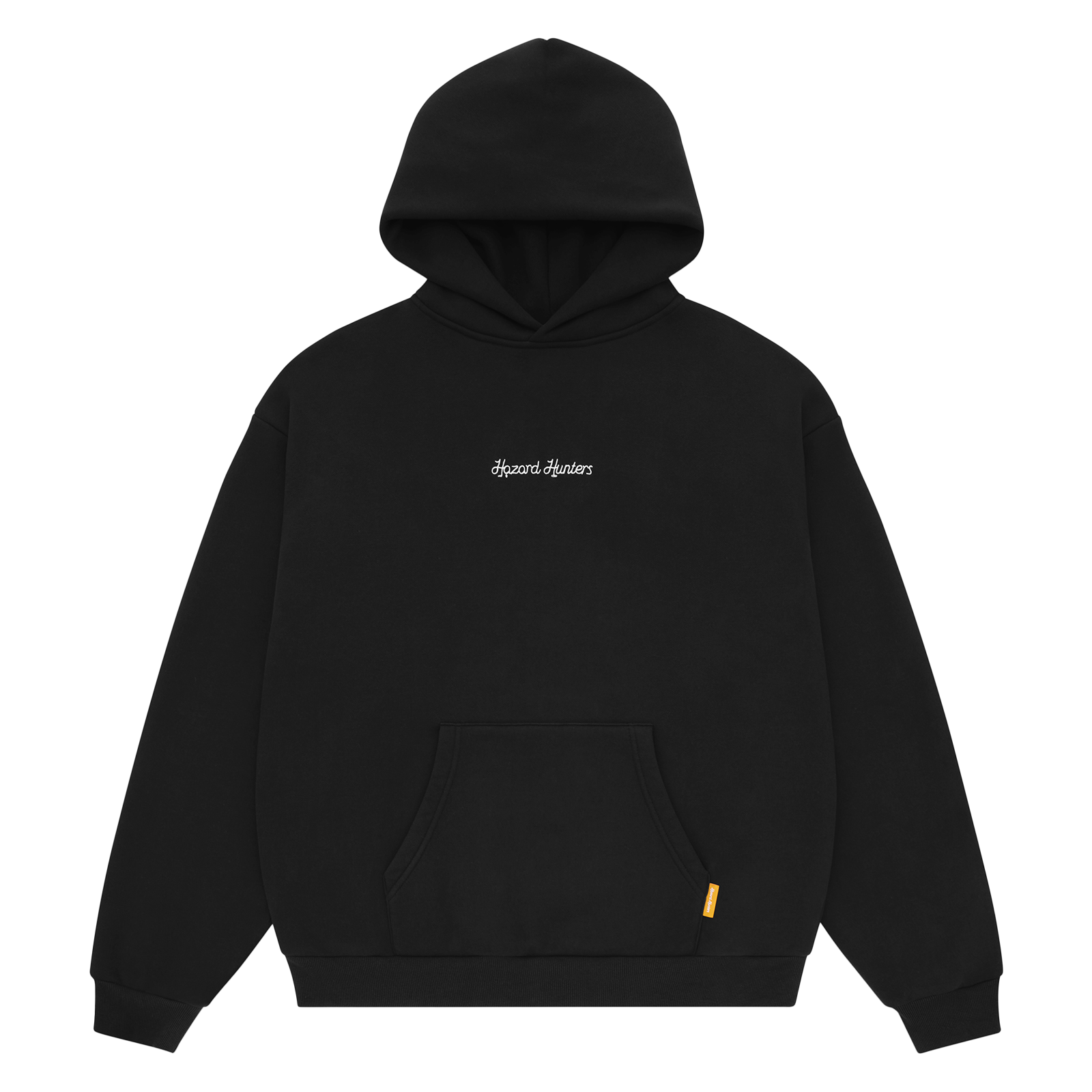 Black hoodie with a small logo on a white background