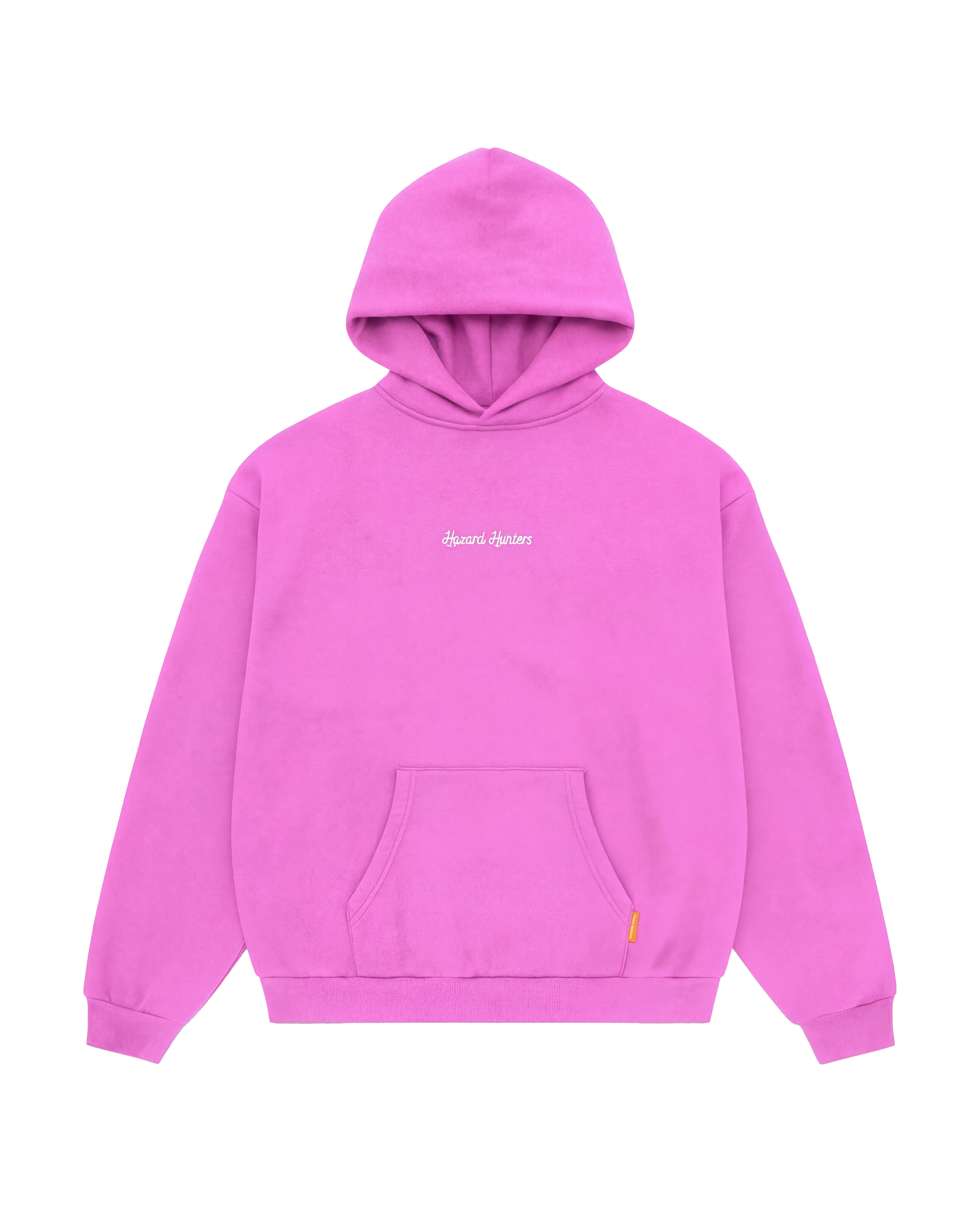 Pink hoodie with a brand logo in white.