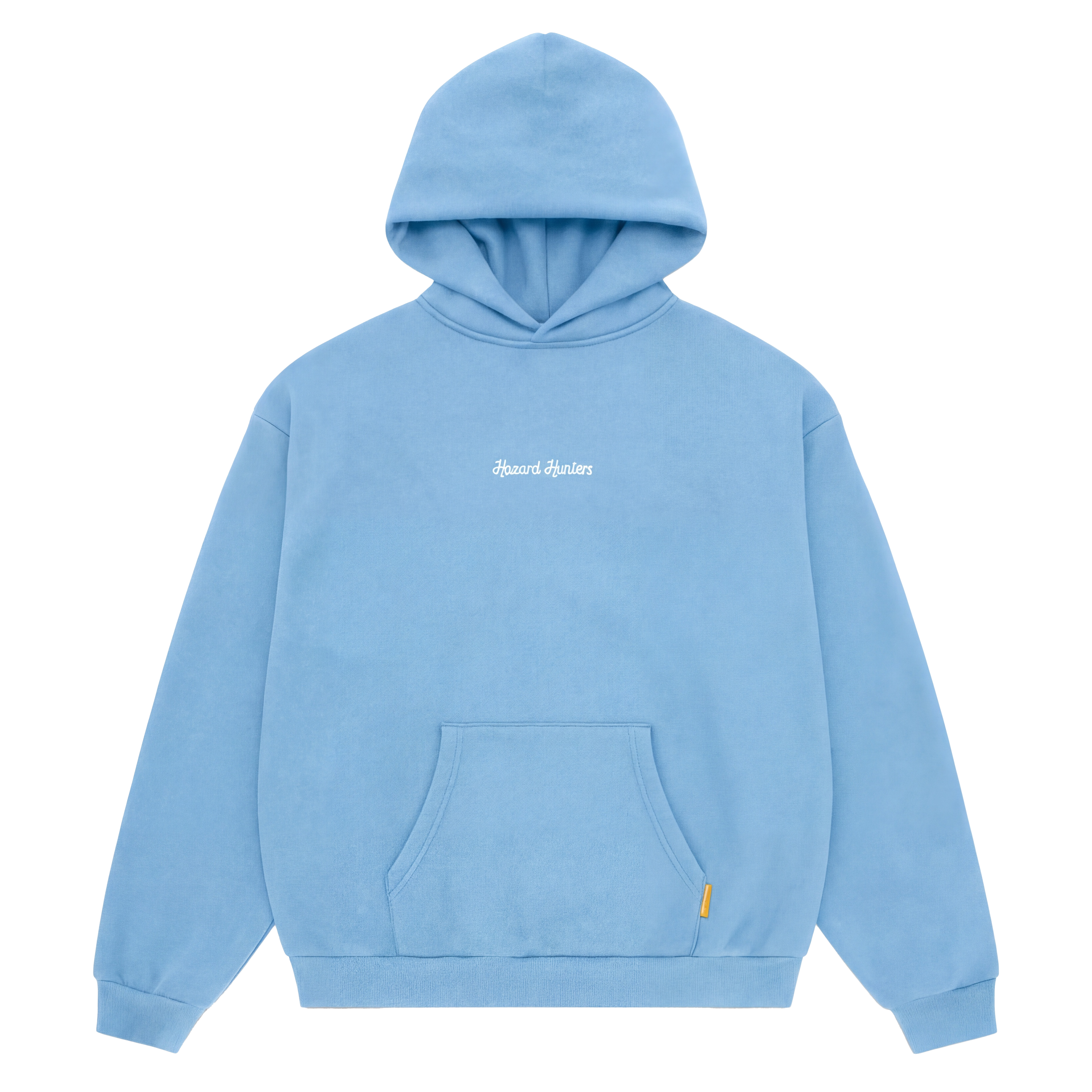 Light blue hoodie with a hazard hunters logo on a white background