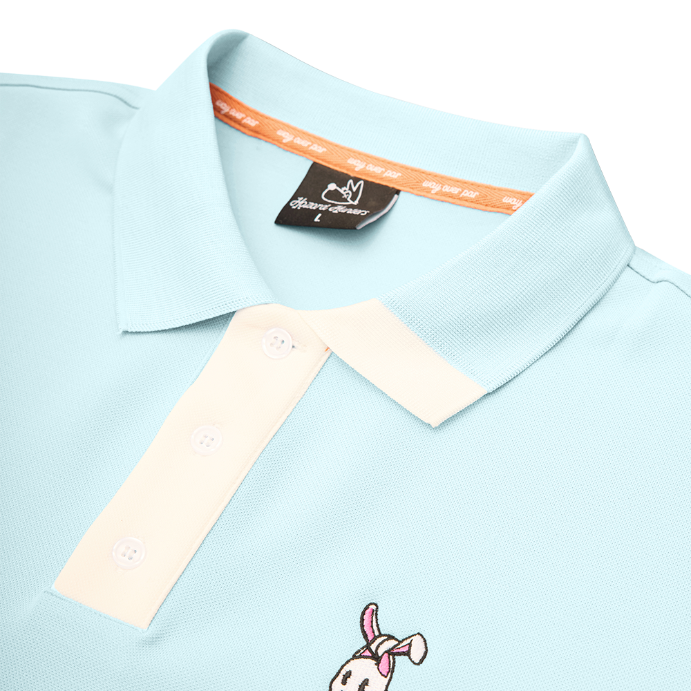 Light blue shirt with a small embroidered design on a white background