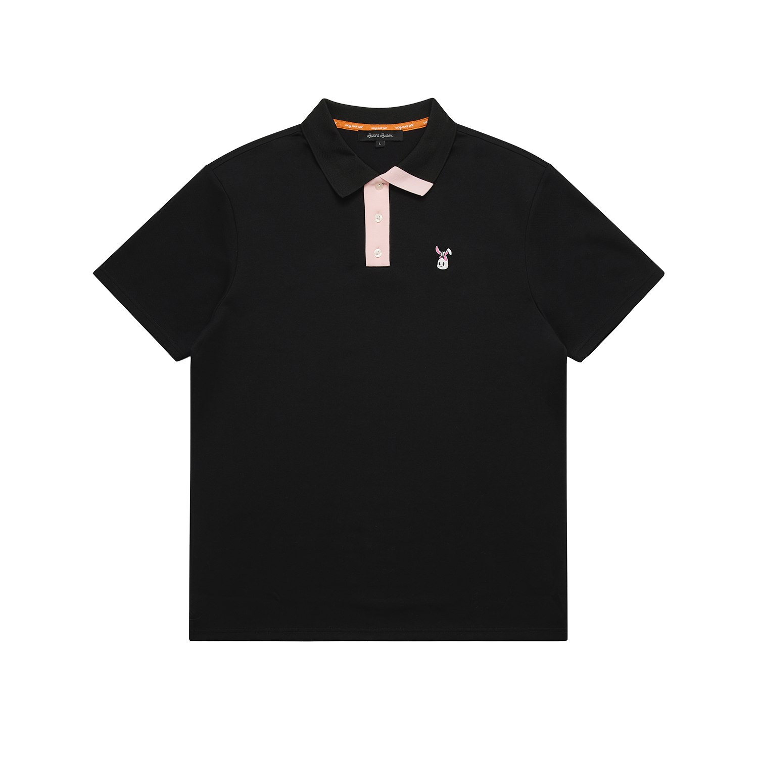 A black polo shirt with a white and pink embroidered bunkie emblem on the chest,  pink contrast on the button placket and collar, and a relaxed fit.