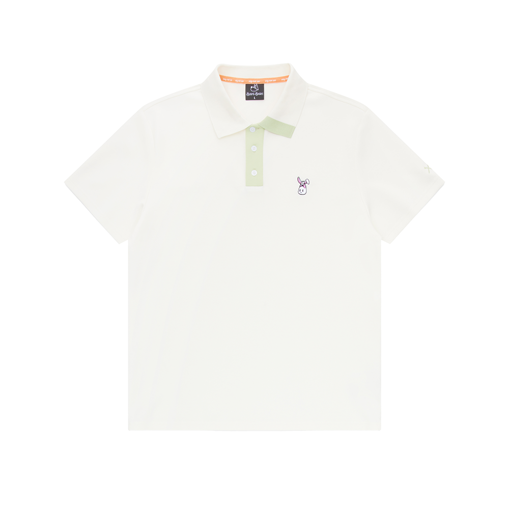 Cream polo shirt with a logo on a white background