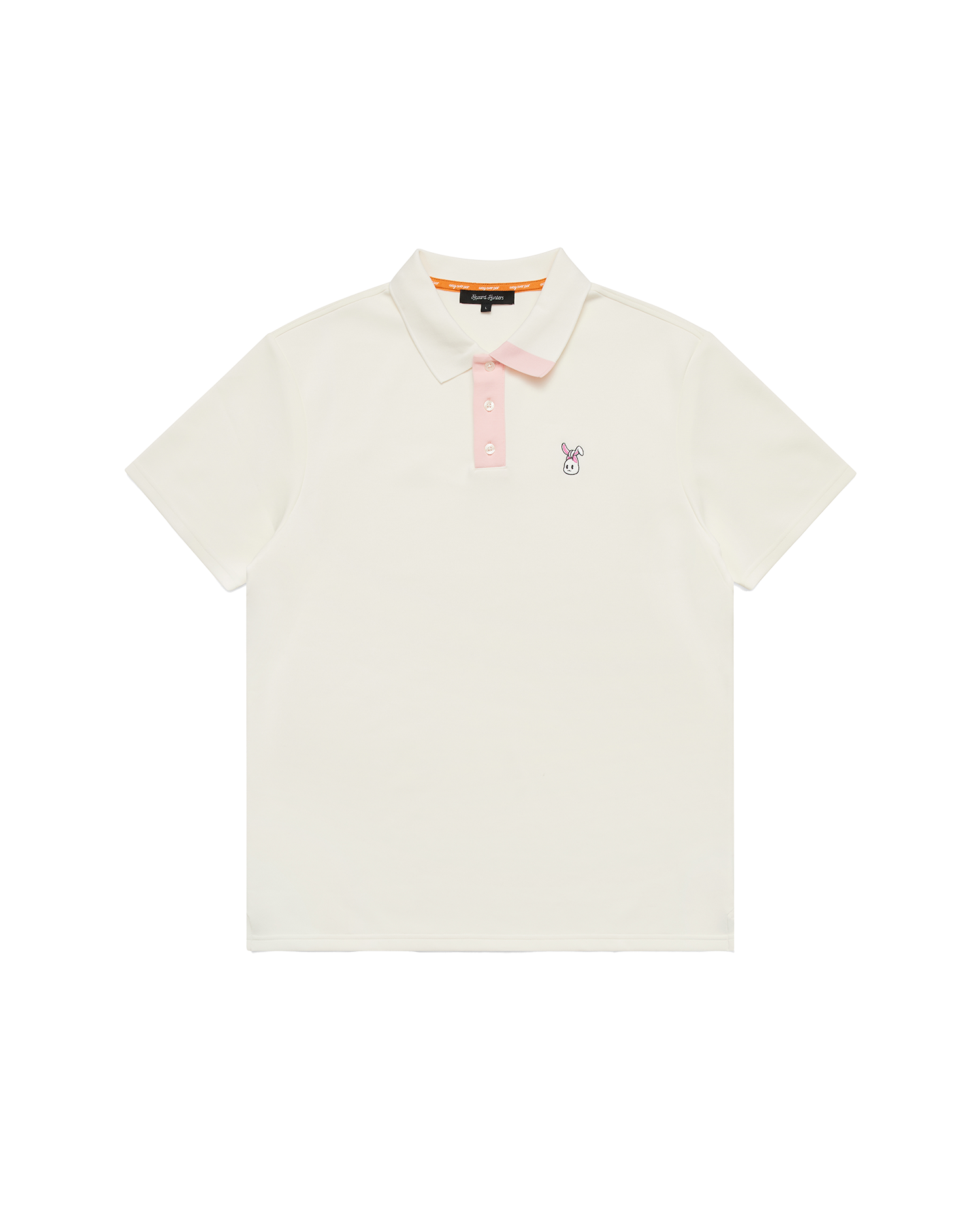 A cream polo shirt with a white and pink embroidered bunkie emblem on the chest, pink contrast on the button placket and collar, and a relaxed fit.