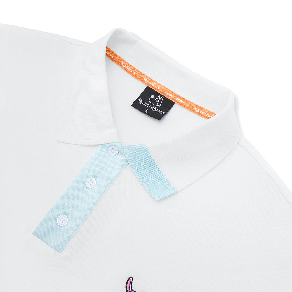 White polo shirt with light blue collar and brand label on a white background