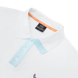 White polo shirt with light blue collar and brand label on a white background