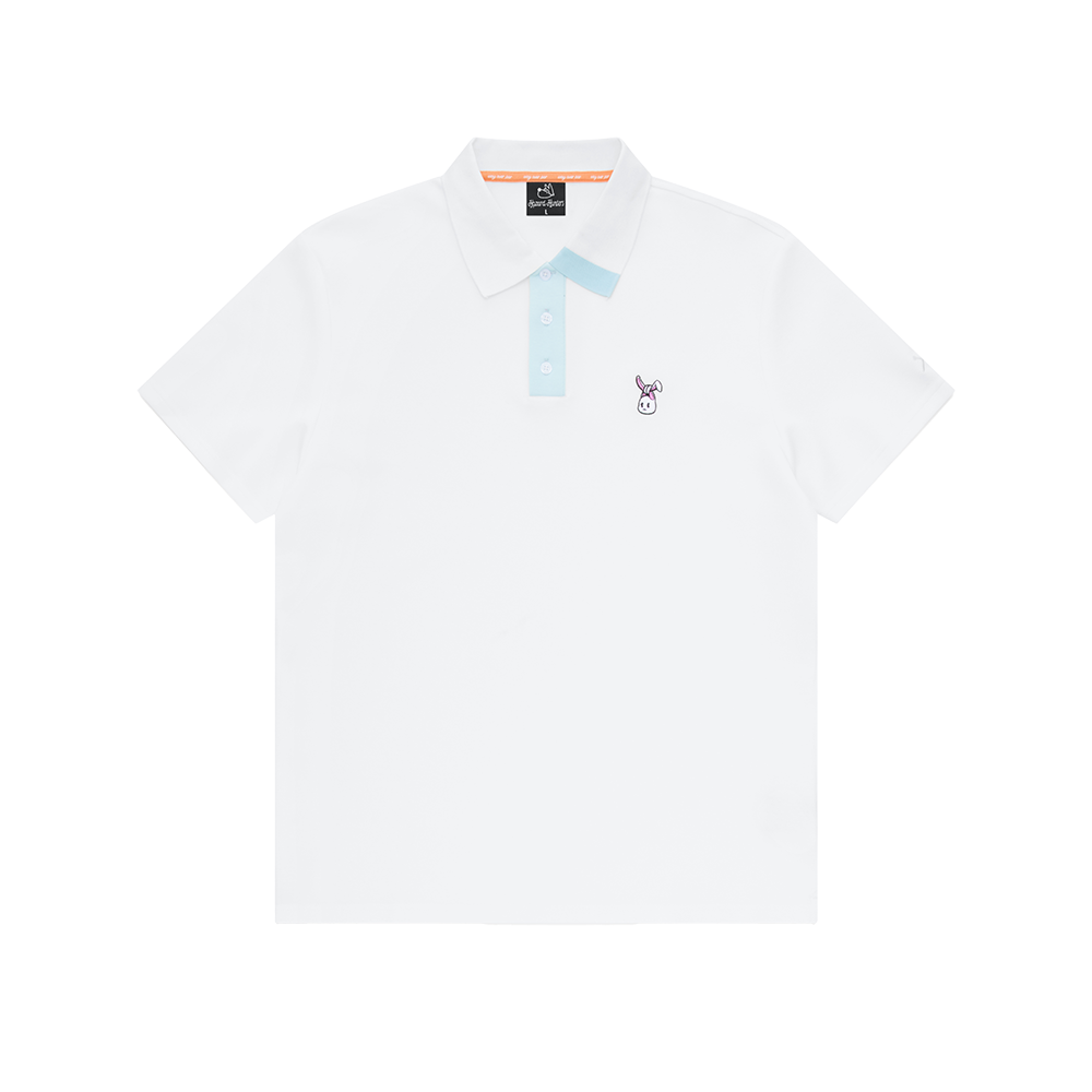 White polo shirt with a small logo on a white background