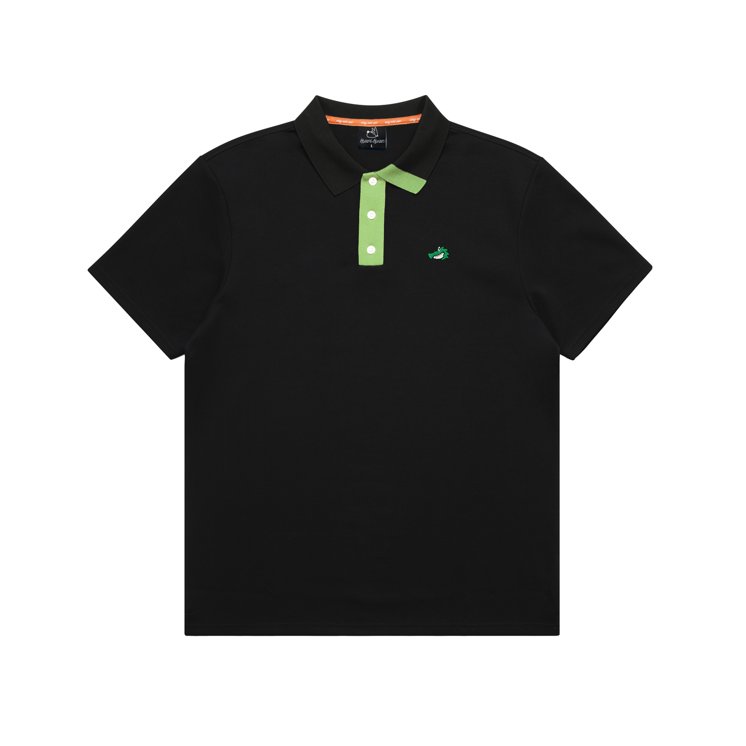 Black polo shirt with green accents on a white background