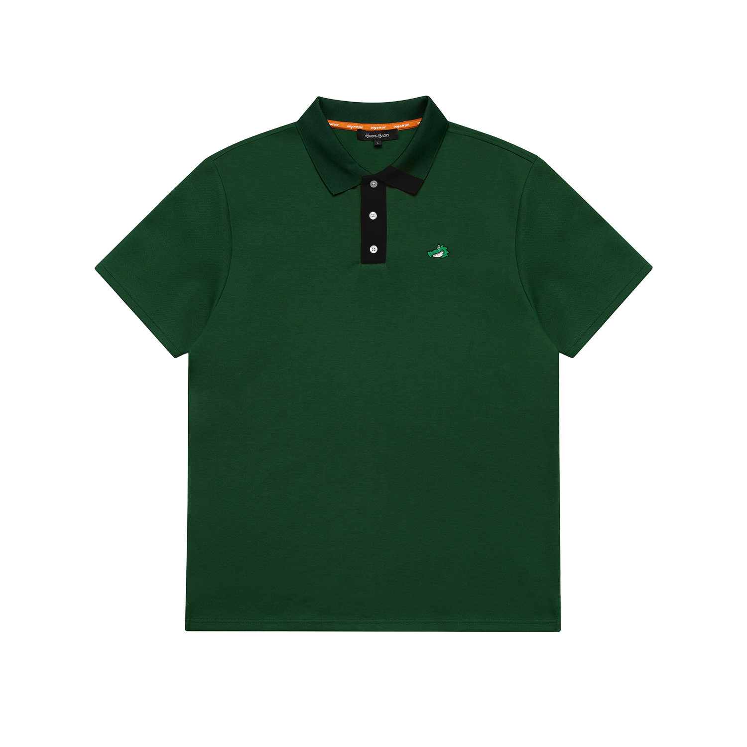Green polo shirt with a brand logo on a white background