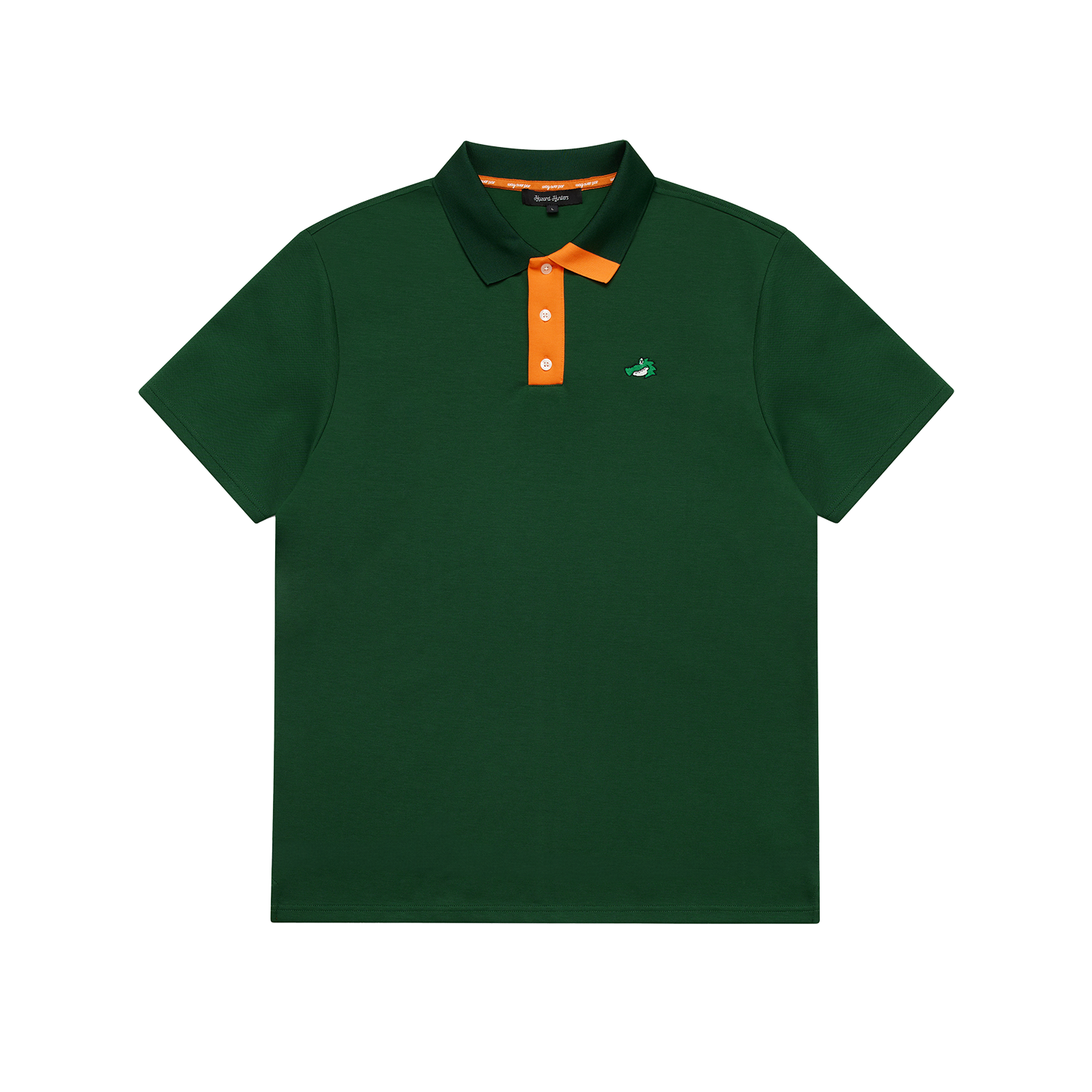 A green polo shirt with embroidered green chippy emblem, orange contrast button placket.