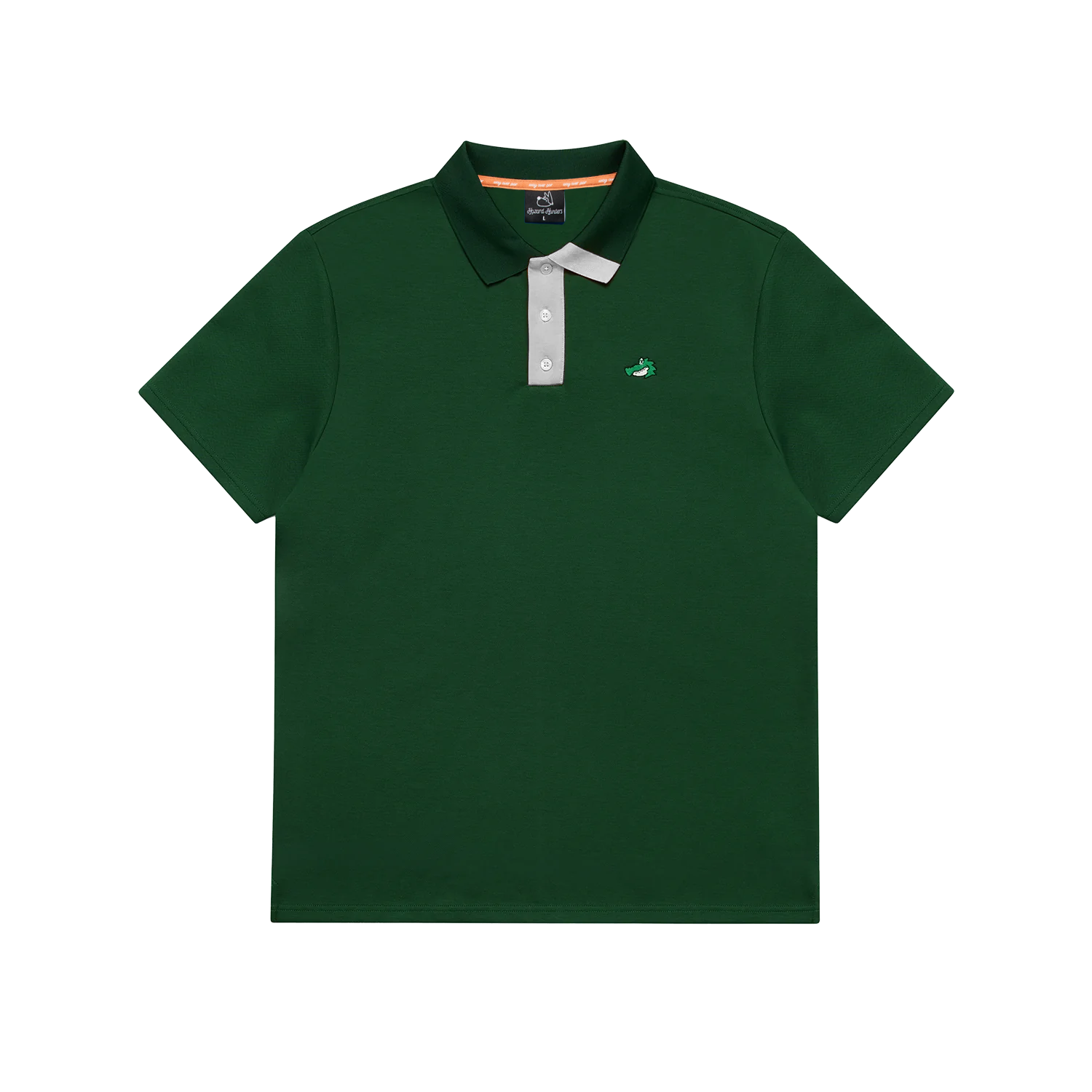 Green polo shirt with a small logo on a white background