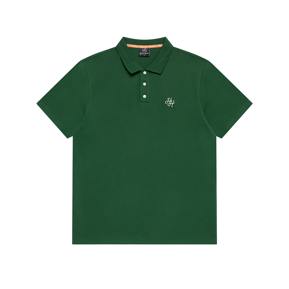 A green men's classic polo shirt with short sleeves, a collar, and button-up neck.