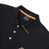 Black polo shirt with a brand label on a white background