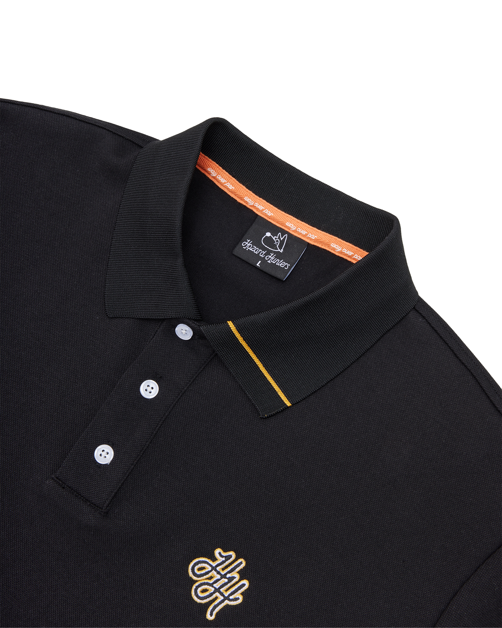 Black polo shirt with a brand label on a white background