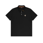 Black polo shirt with a small logo on a white background