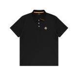 Black polo shirt with a small logo on a white background