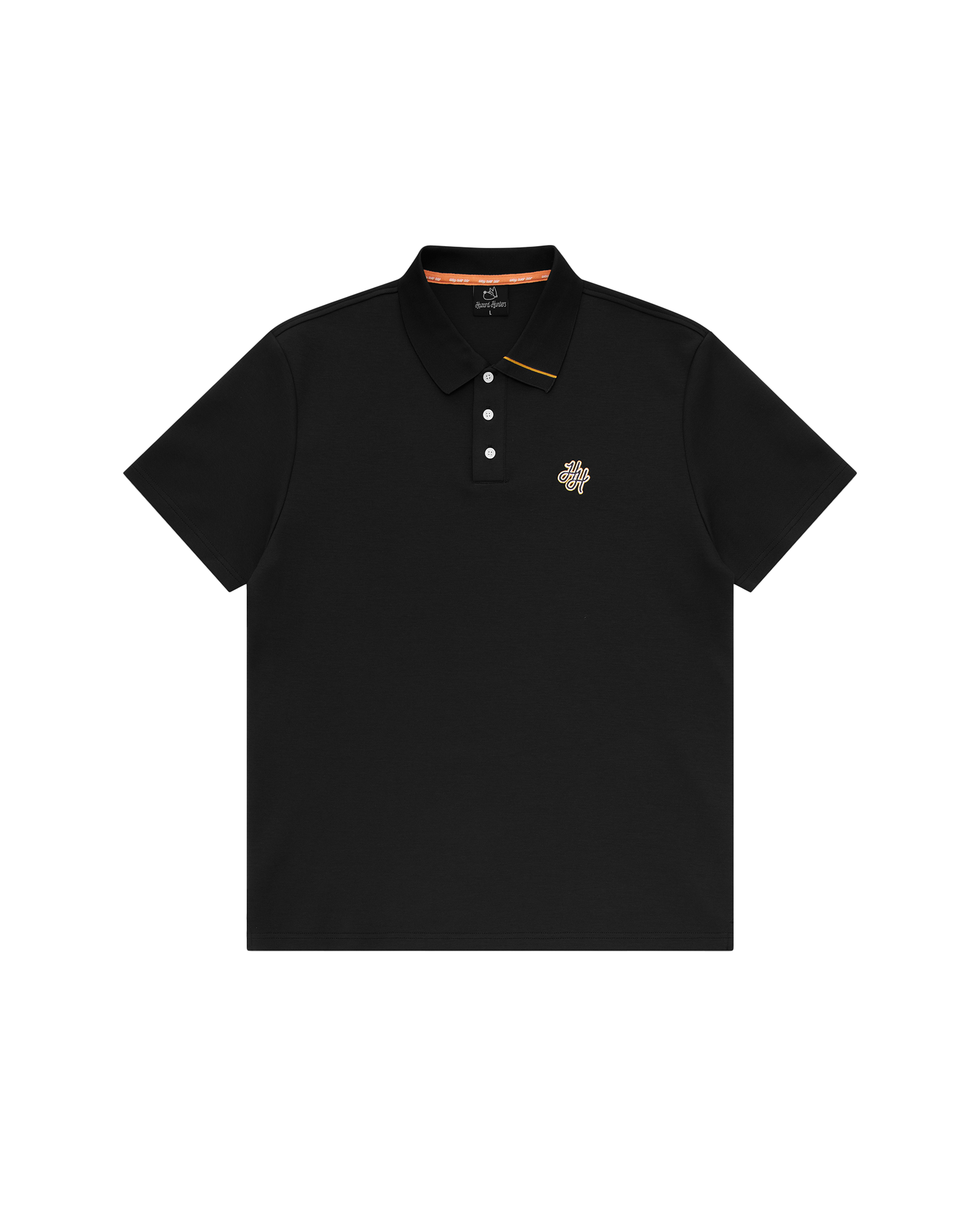 Black polo shirt with a small logo on a white background