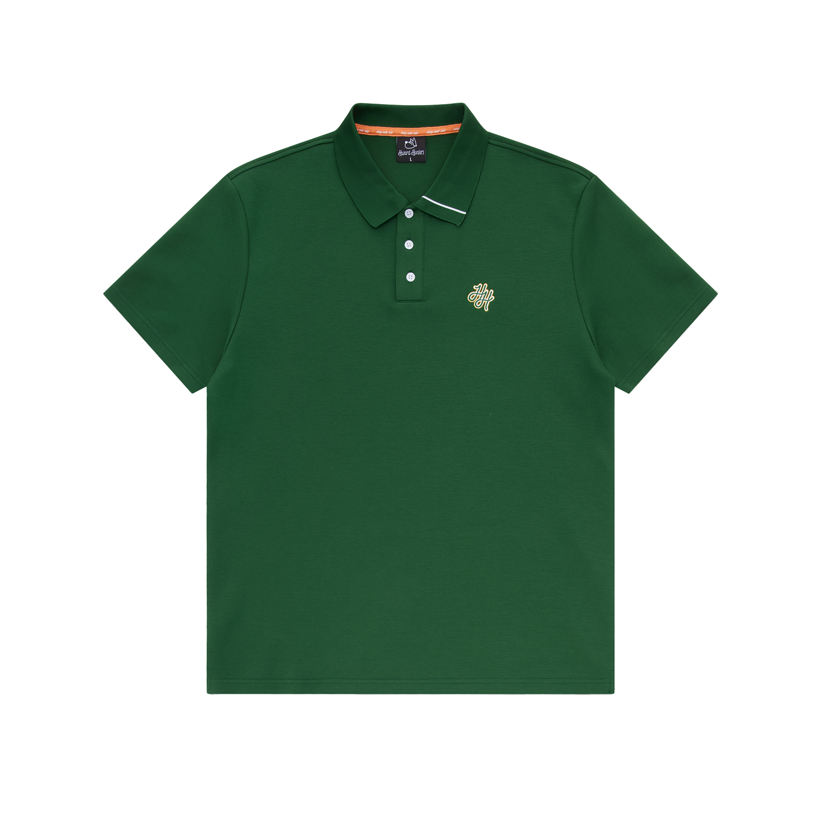 Green polo shirt with a small logo on a white background