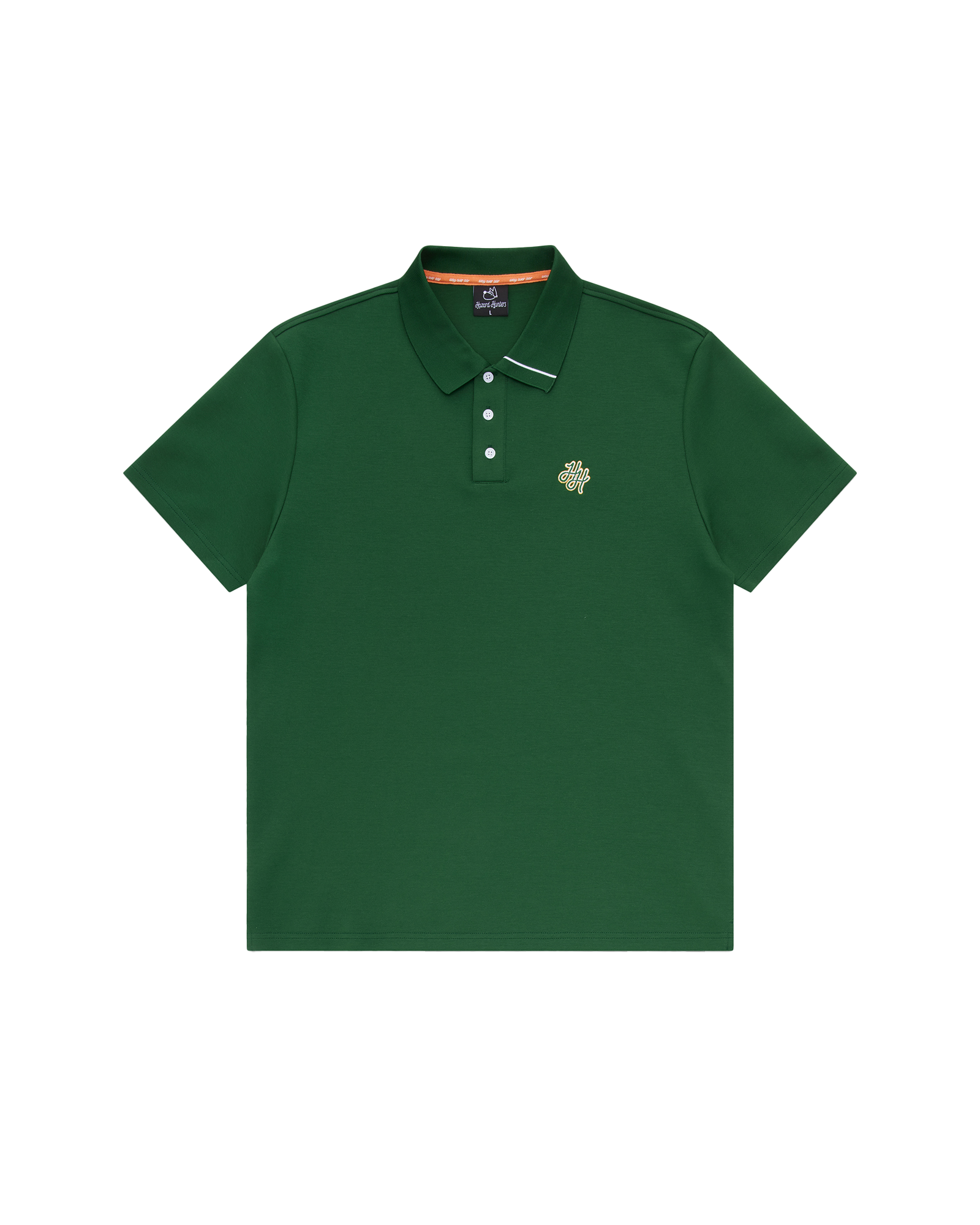 Green polo shirt with a small logo on a white background
