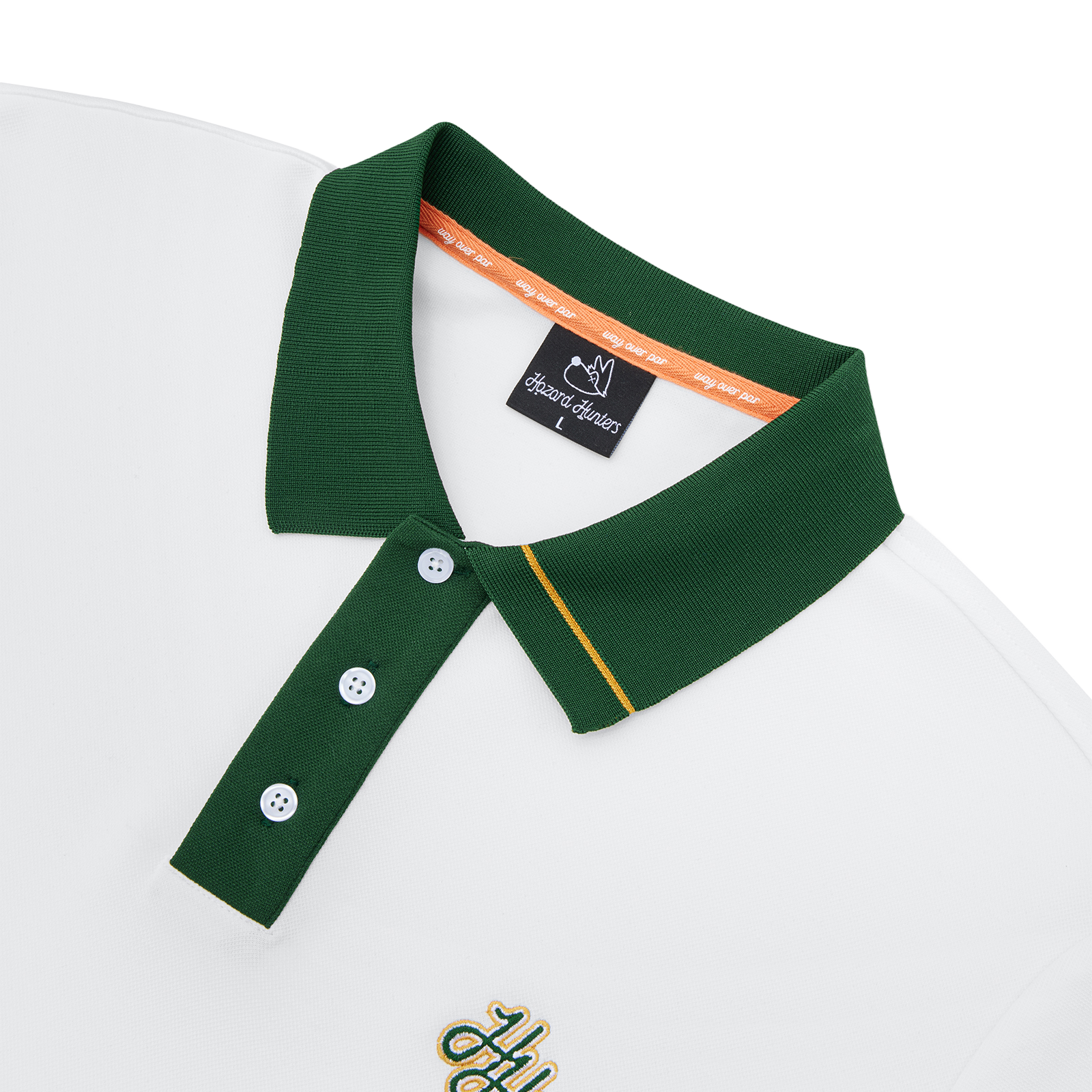 White polo shirt with green collar and embroidered logo on a white background