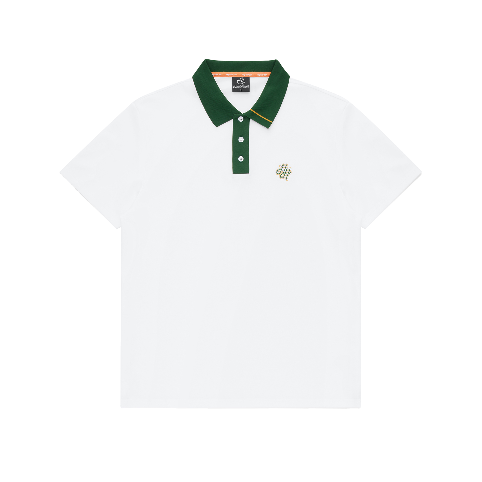 White polo shirt with green collar and trim on a white background