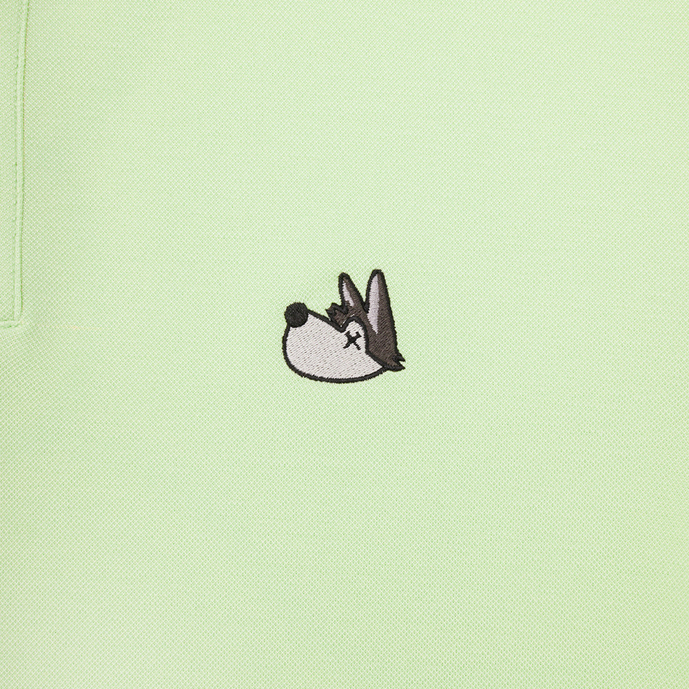Light green polo shirt with a small Hunter (wolf) head logo embroidered on the chest.
