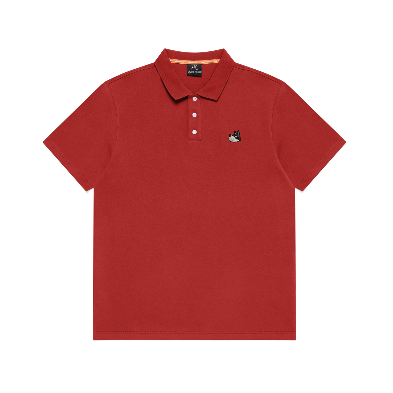 Red polo shirt with a small logo on a white background