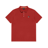 Red polo shirt with a small logo on a white background