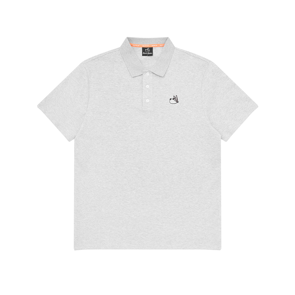 Grey polo shirt with a small logo on a white background