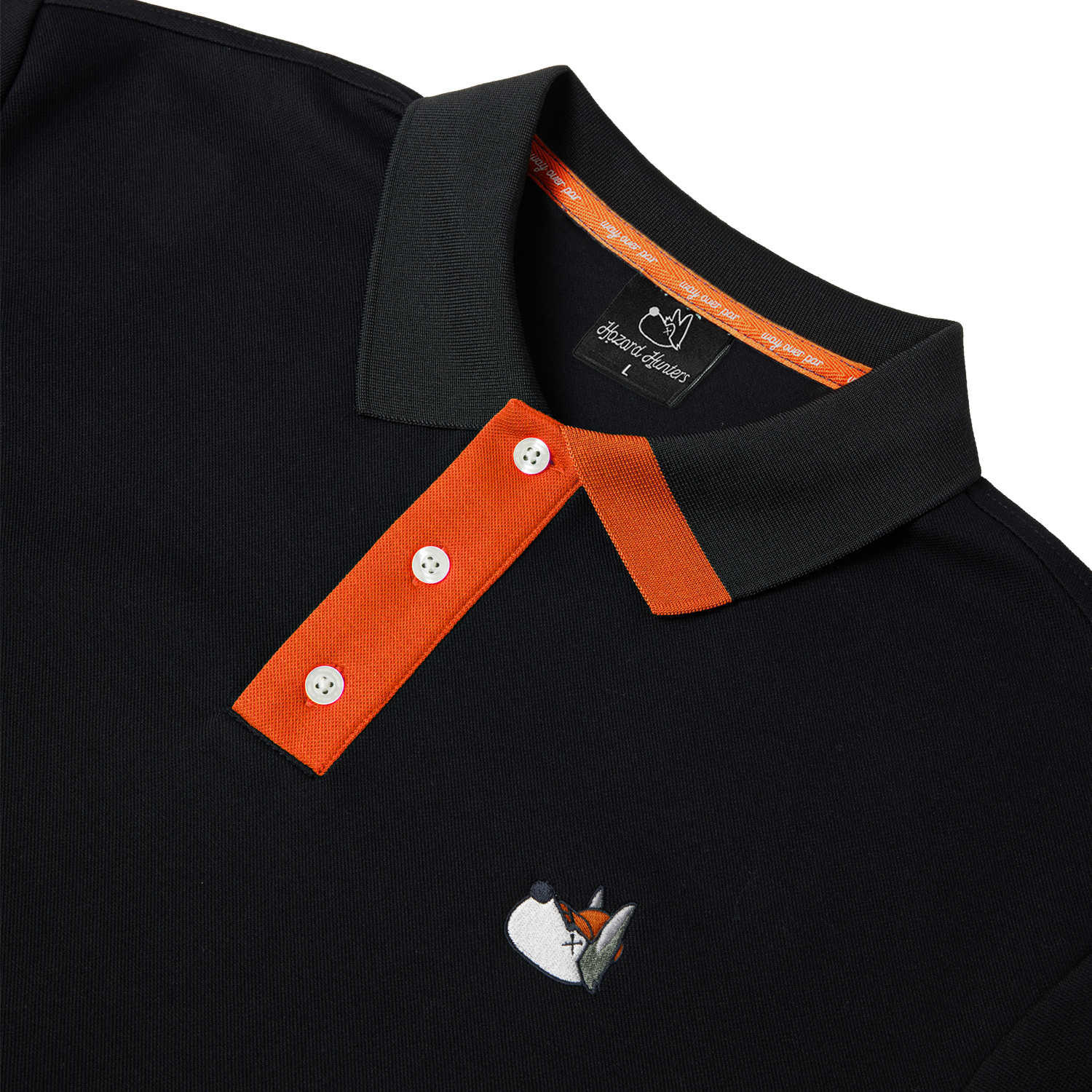 Black polo shirt with orange collar and white logo on a white background