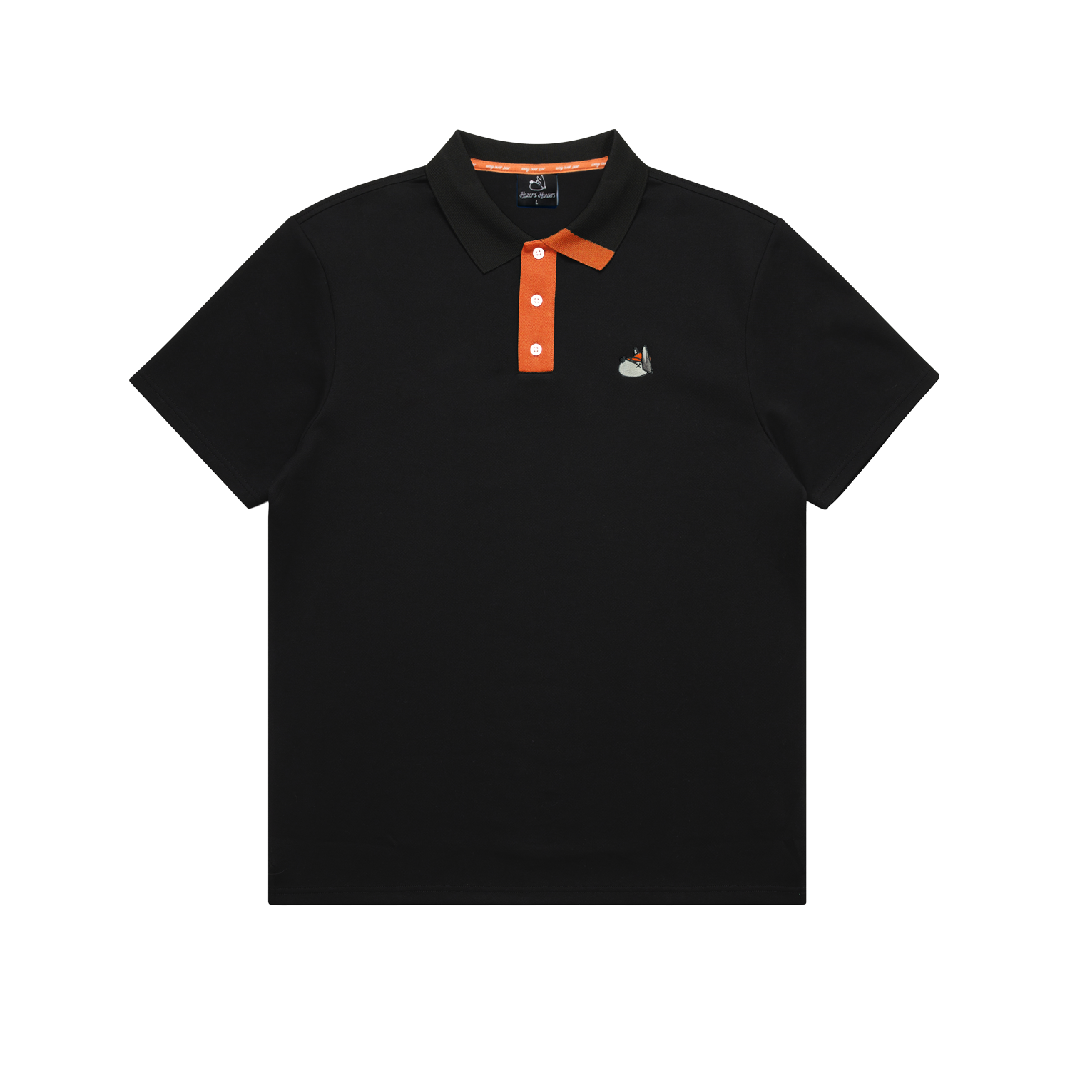 Black polo shirt with orange accents on a white background