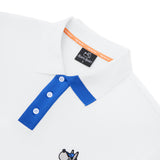 White shirt with blue collar and cuff, featuring a brand label on a white background