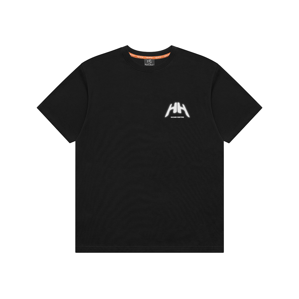 A black crew neck t-shirt with a screen-printed logo on the chest.